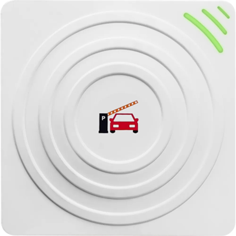 9 dBi integrated UHF RFID reader with ring-pattern front panel and vehicle barrier icon