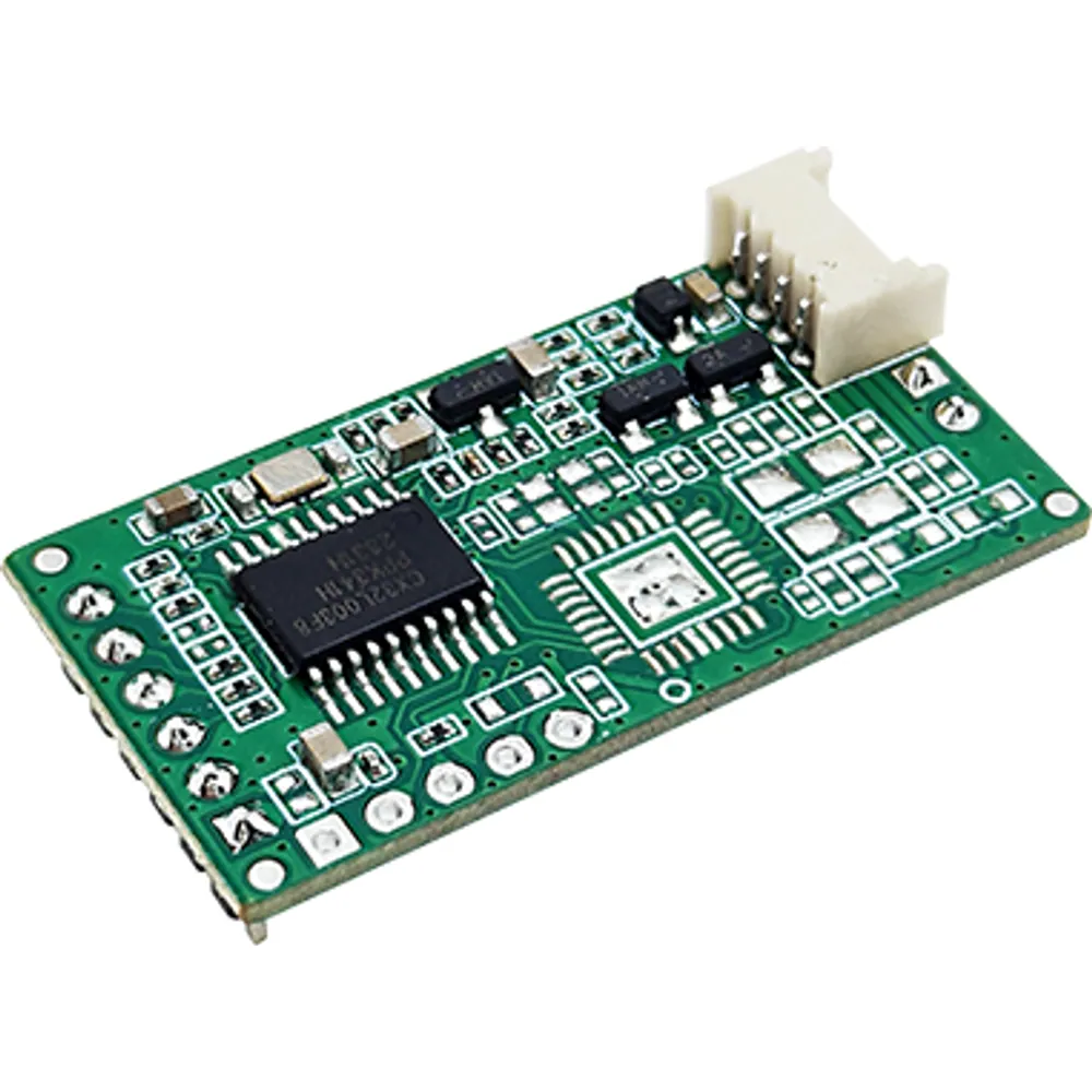 30 × 16 mm 125 kHz RFID UART module with pin header and white antenna connector, angled view