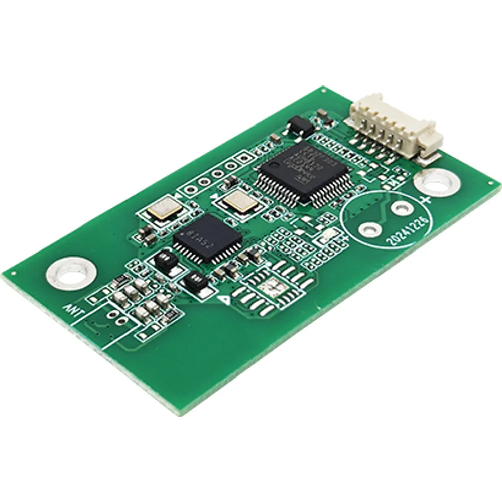 47 × 26 mm 13.56 MHz multi-protocol RFID module with 5-pin host connector, angled view