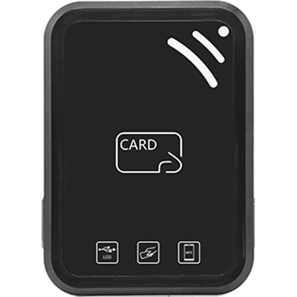 Black 13.56 MHz USB NFC reader/writer, top view with card symbol and status icons