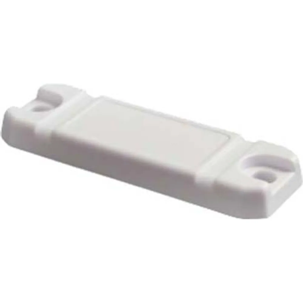 White ABS long-range on-metal UHF RFID tag, 69 × 23 mm, with countersunk hole at each end