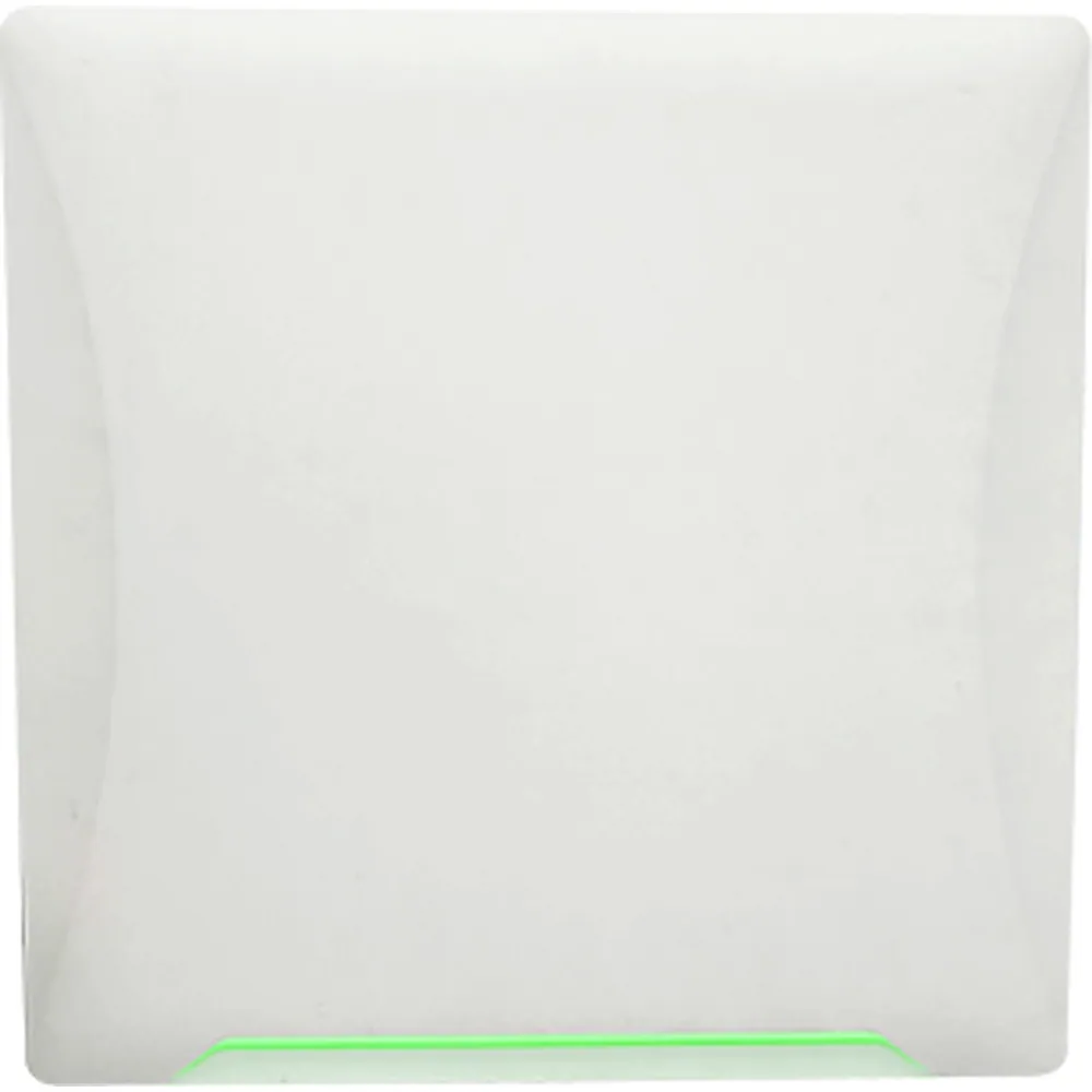 Square white integrated UHF RFID reader panel with green status light strip, front view