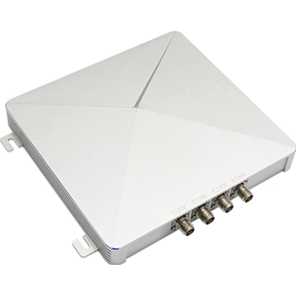 4-port fixed UHF RFID reader, angled view of the four antenna connectors