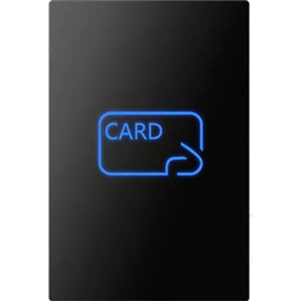 Front of 4G Bluetooth card access controller with backlit blue card symbol on black face