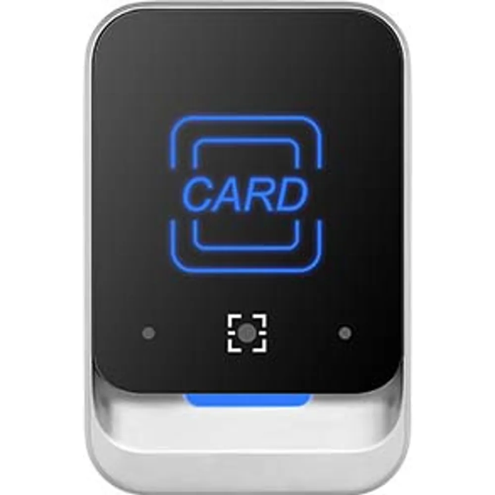 Front of 4G cloud access controller with backlit card zone, QR scan window and blue LED