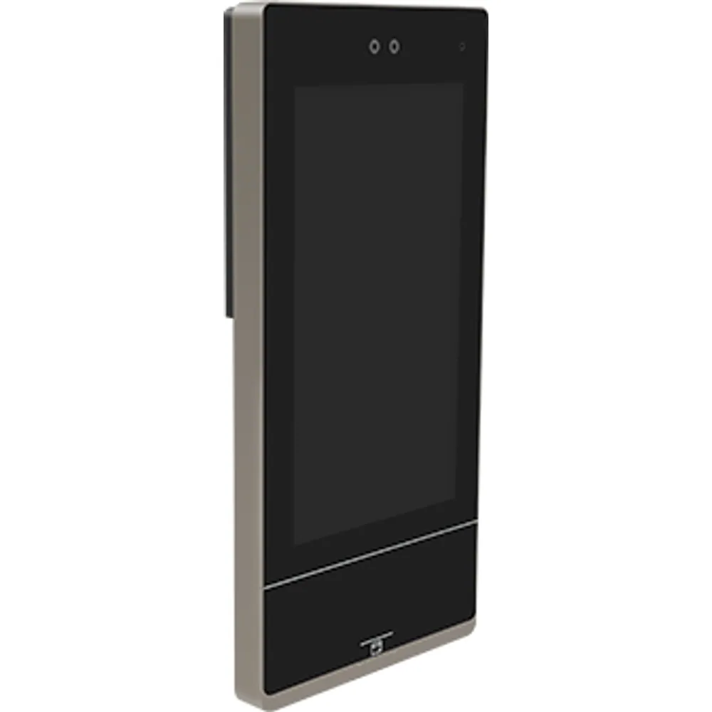 Angled view of 7-inch face and fingerprint access terminal with binocular camera