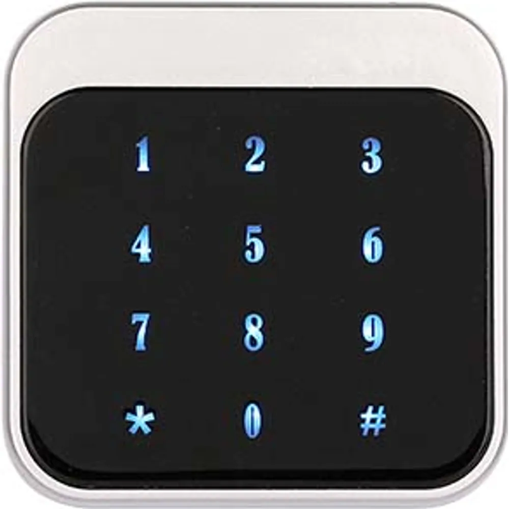 CR-200 86 mm touch keypad card reader, front view with lit keys and silver frame