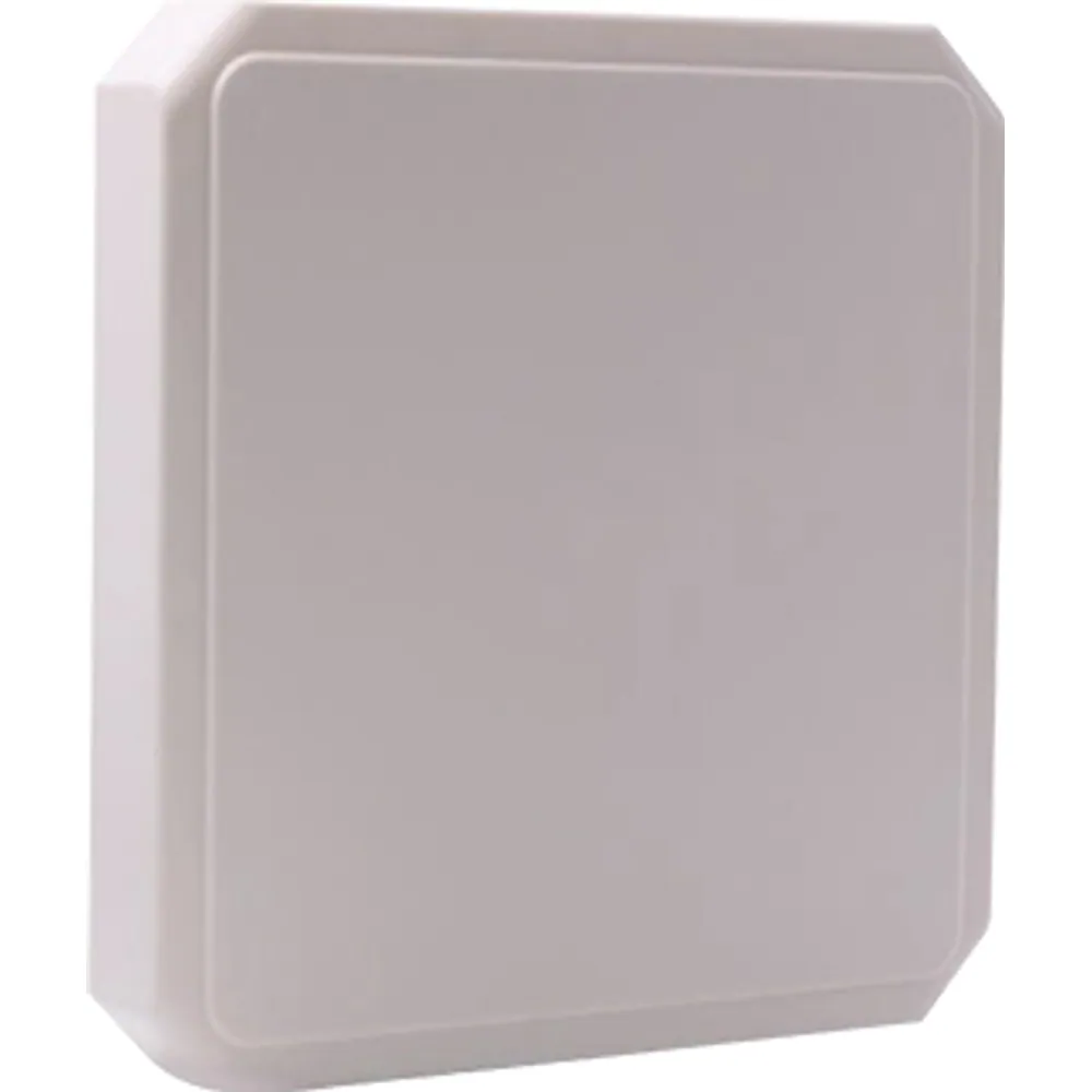White square 9 dBi outdoor UHF RFID panel antenna with IP67 ABS radome, angled front view