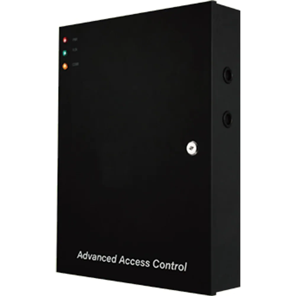 Black steel access control power supply box with key lock and status LEDs, front view
