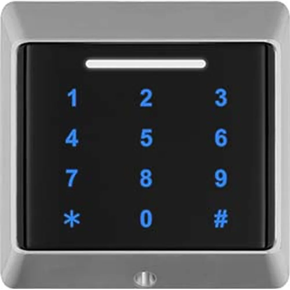 Encrypted 13.56 MHz card reader with illuminated touch keypad and silver square frame, front view