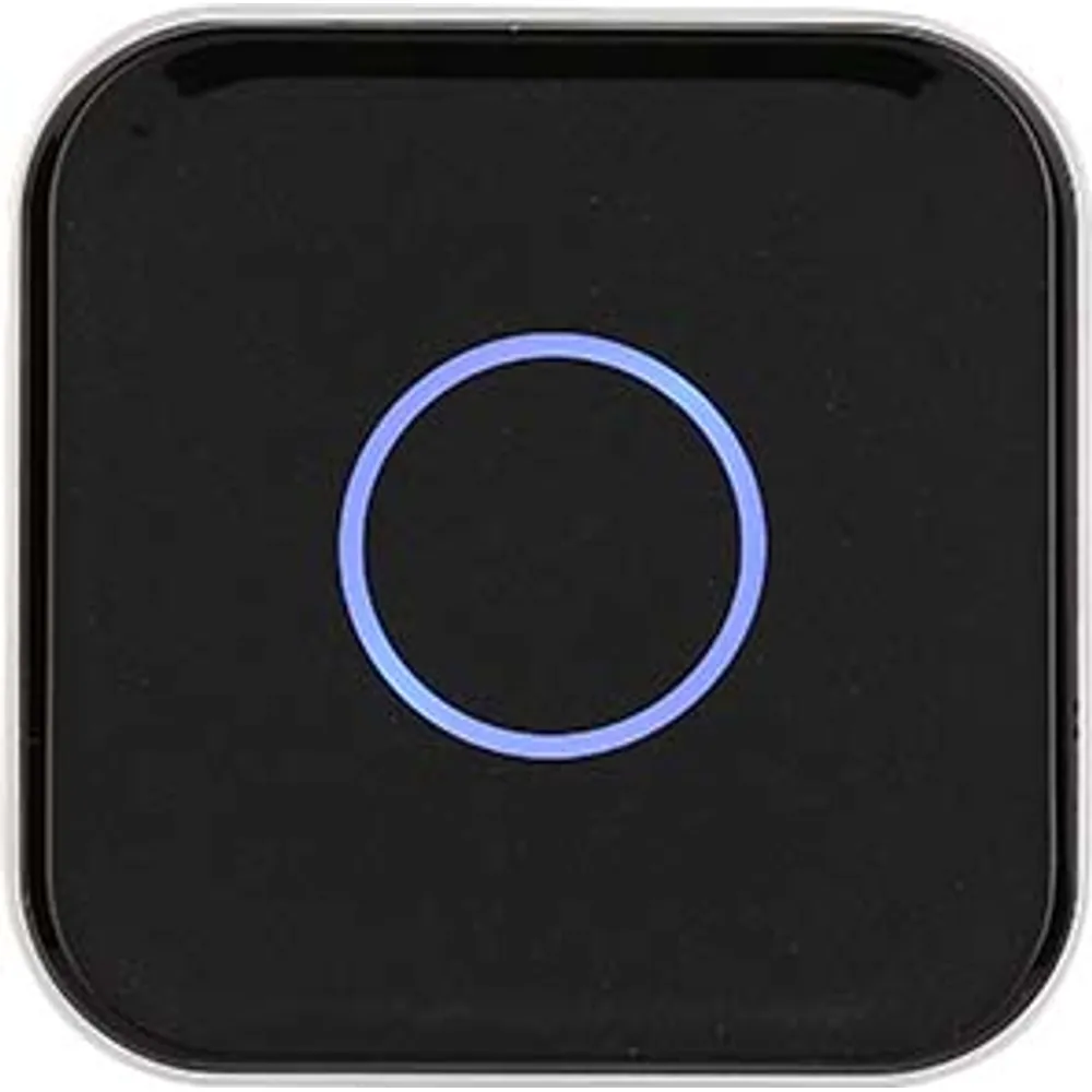 93 mm square card-only encrypted access reader with blue ring indicator, front view