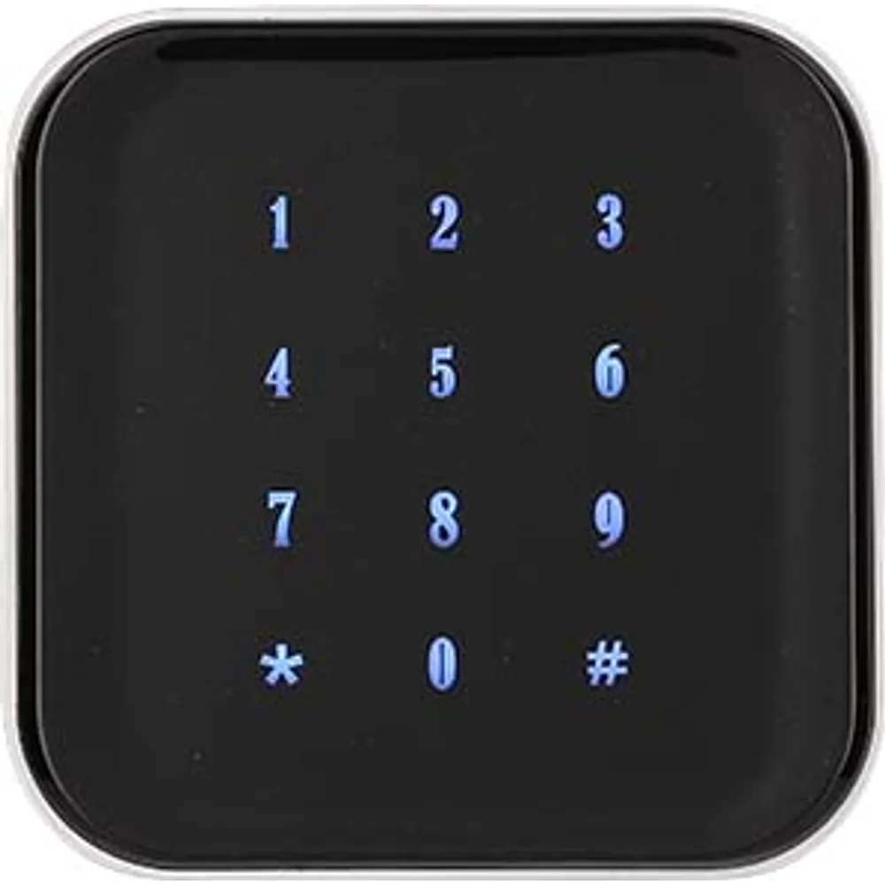 93 mm square encrypted card reader with touch keypad on black glass face, front view