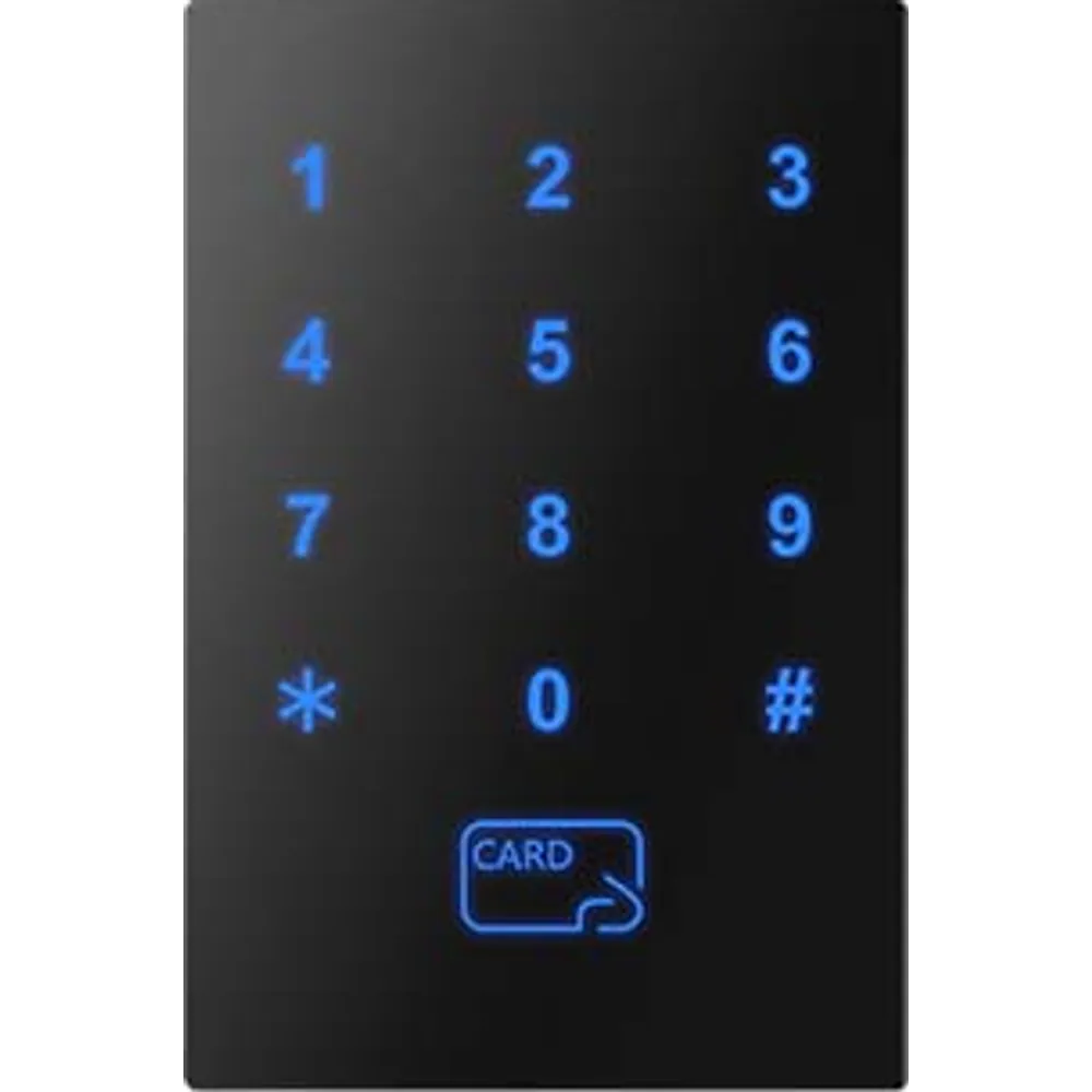 Front view of Bluetooth touch keypad access controller with backlit blue keys and card symbol
