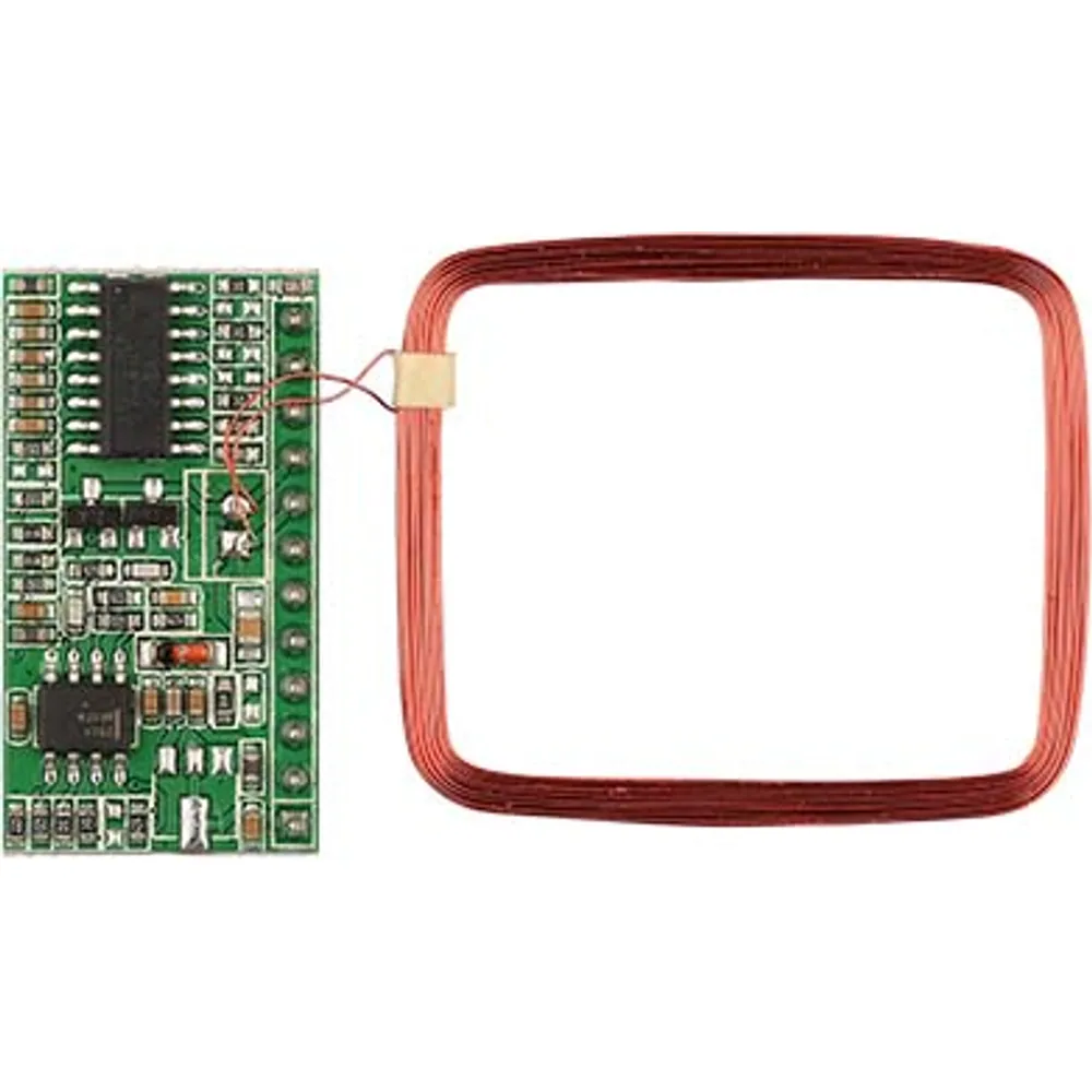 Compact 125 kHz EM4100 reader module board beside its rectangular copper coil antenna