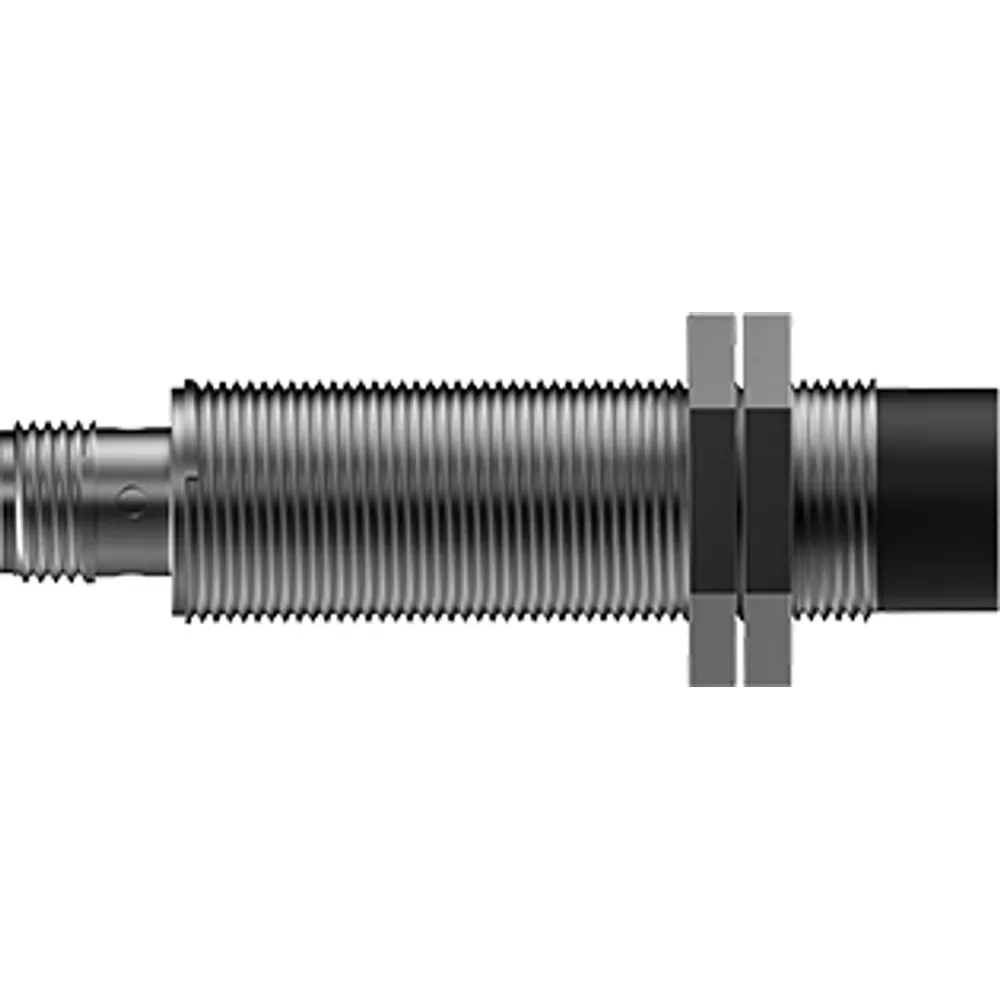 Compact threaded HF RFID read head, side view with lock nuts, M12 connector and black sensing cap