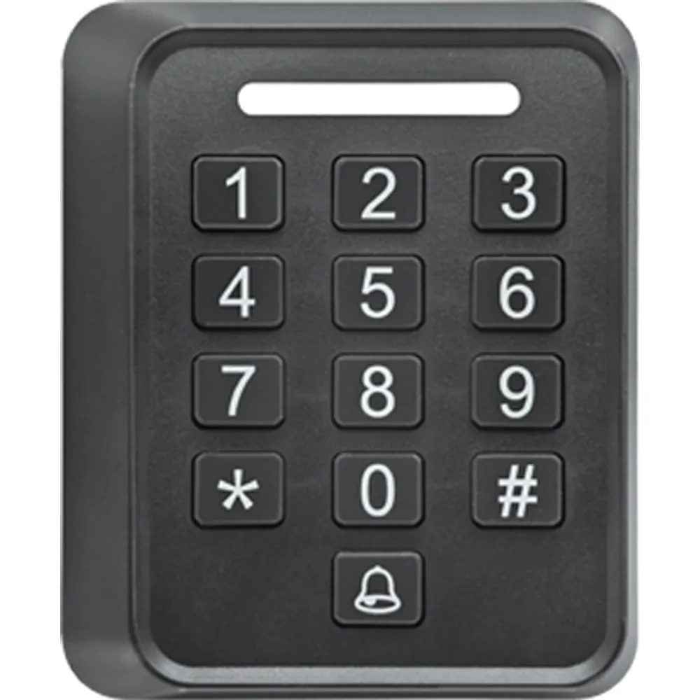 SK-180 compact RFID keypad access controller in black, front view with physical keys and indicator bar