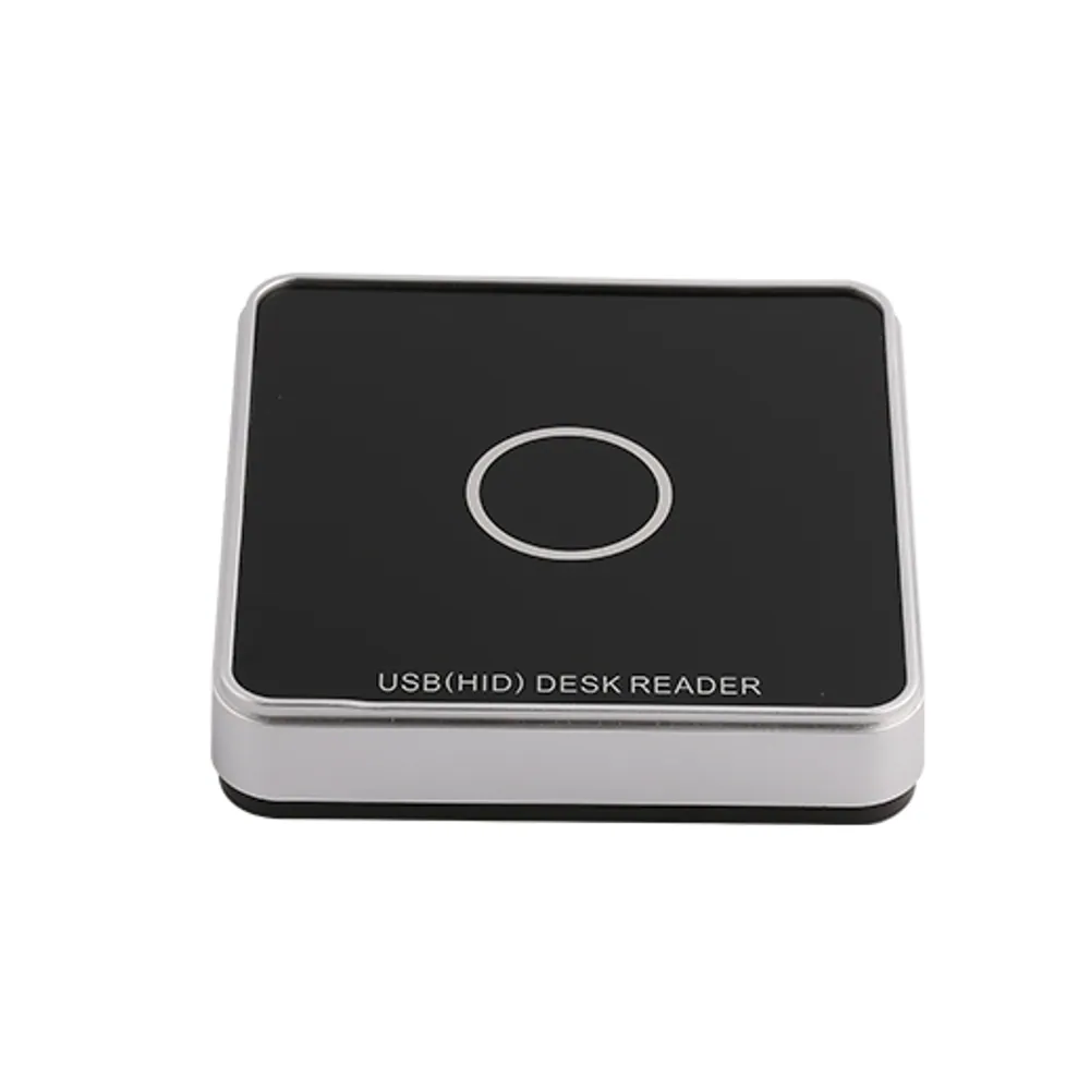 Square black USB desktop RFID card reader with silver trim and ring indicator, front angled view