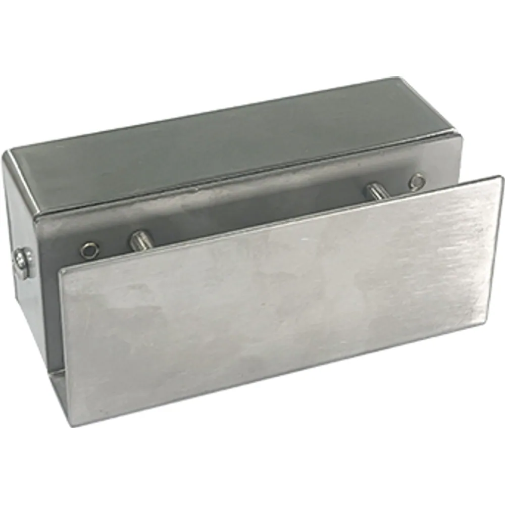 Compact stainless steel glass door bracket for a drop bolt lock with clamping screws, front view