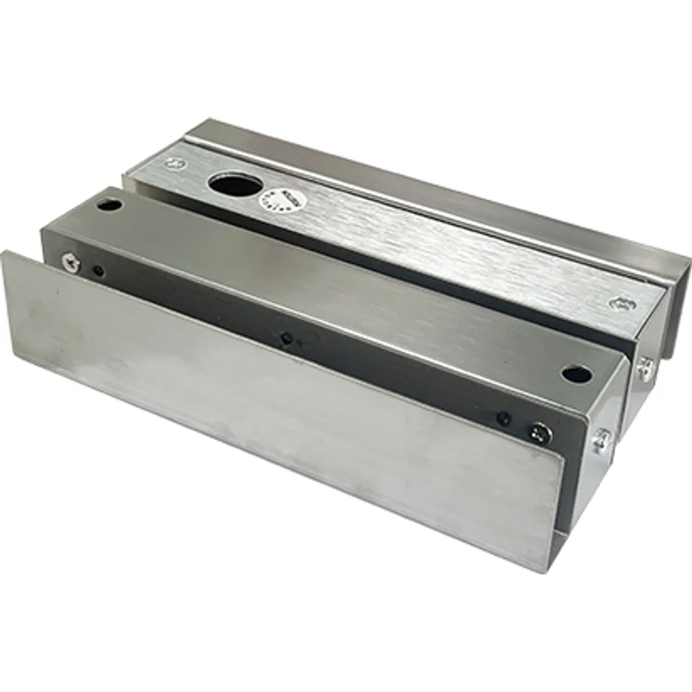 Stainless steel U bracket set for mounting a drop bolt lock on frameless glass, angled view