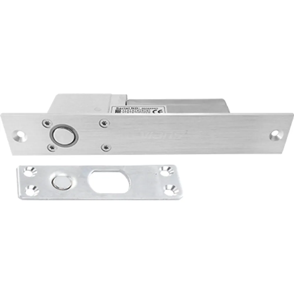Electric drop bolt lock with door-status output and matching strike plate, top view