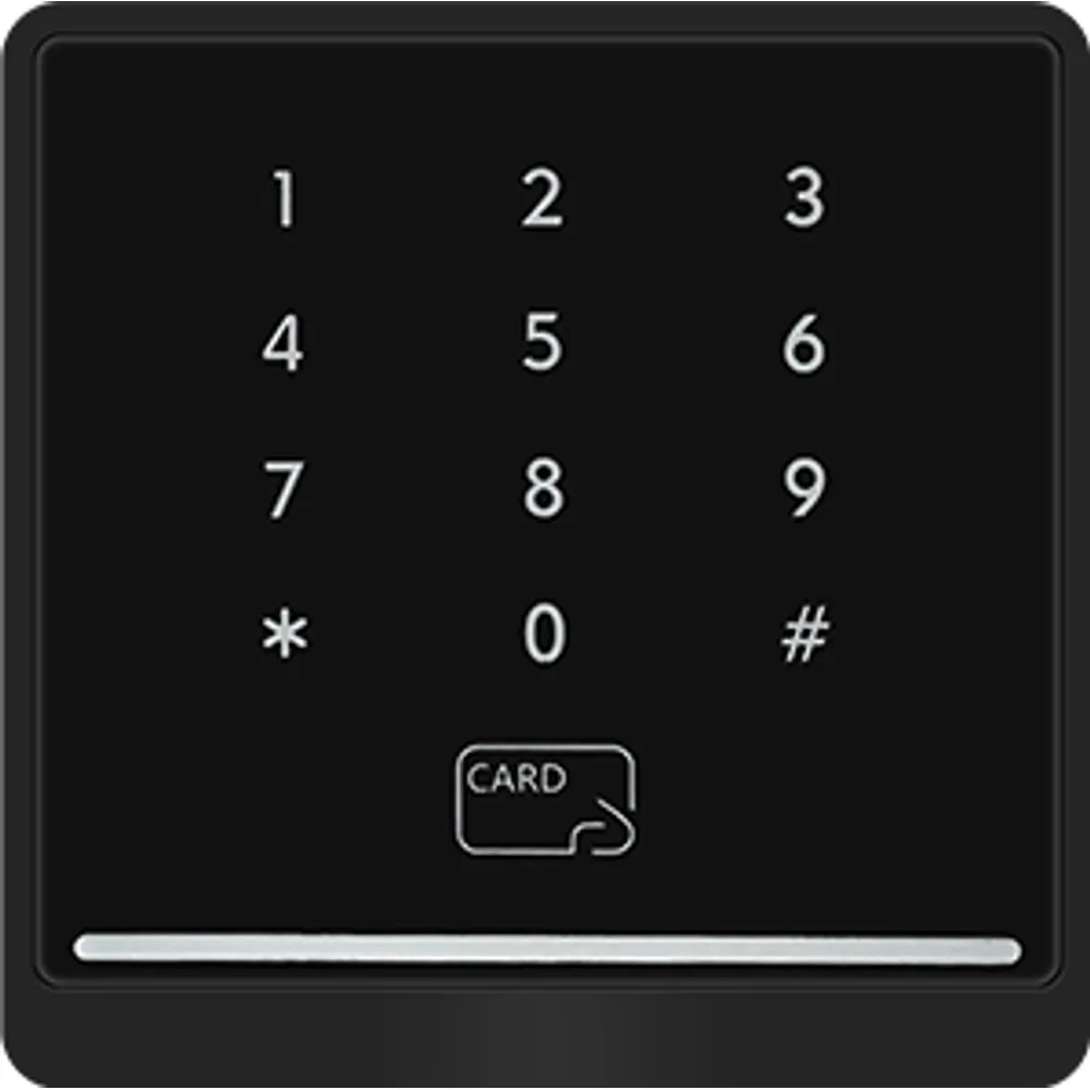 CR-290 glass touch-keypad card reader with black metal frame, front view