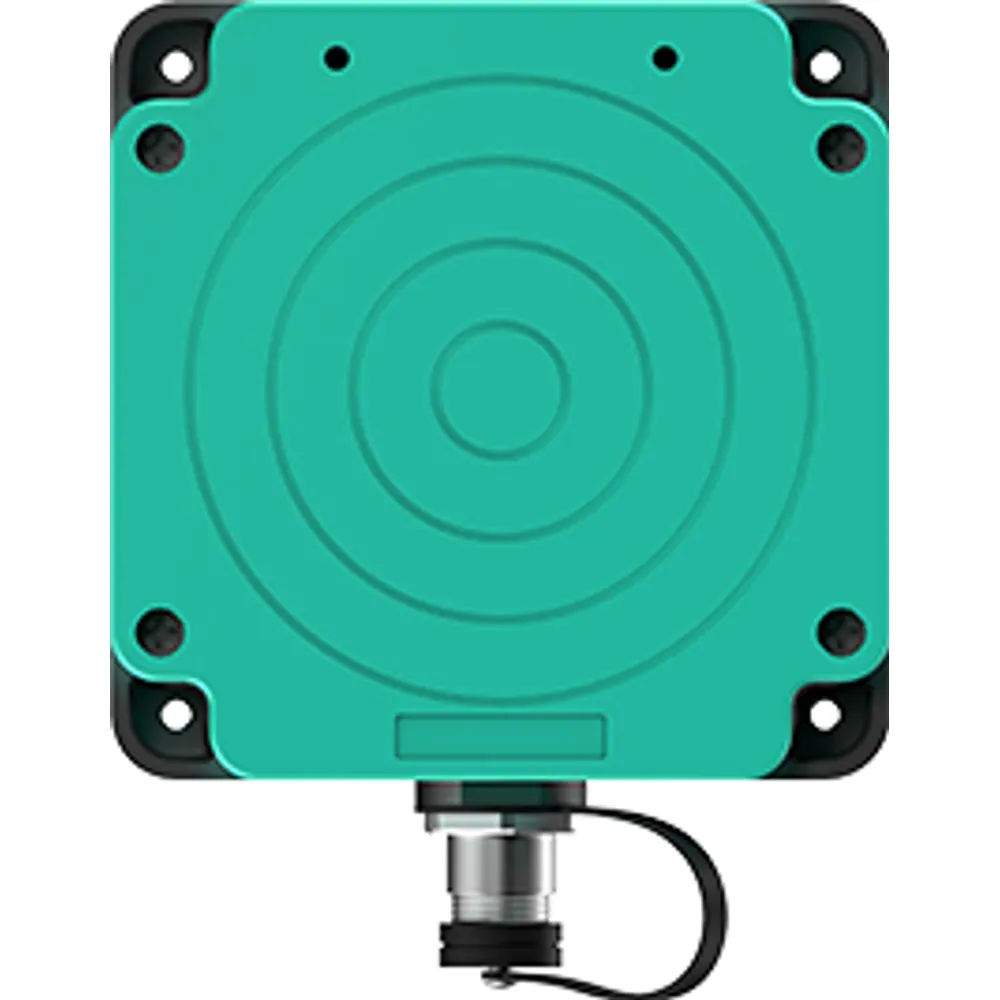 Industrial HF RFID reader, top view of the square antenna face with cable connector and dust cap