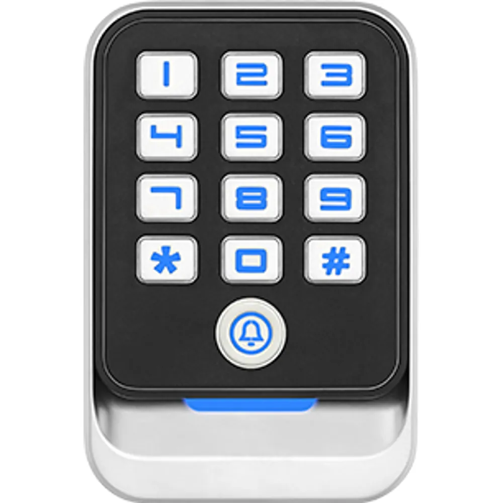 SK-120 IP65 metal access control keypad, front view with physical keys, doorbell key and status bar