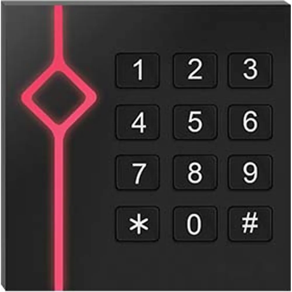 CR-270 IP67 keypad card reader with raised rubber keys and red diamond light strip, front view
