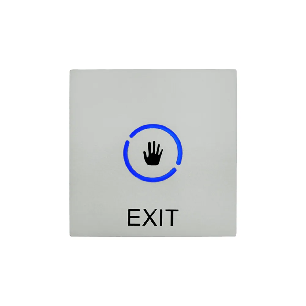 Silver IP67 touchless exit button on 86 x 86 mm metal plate with palm symbol and blue LED ring