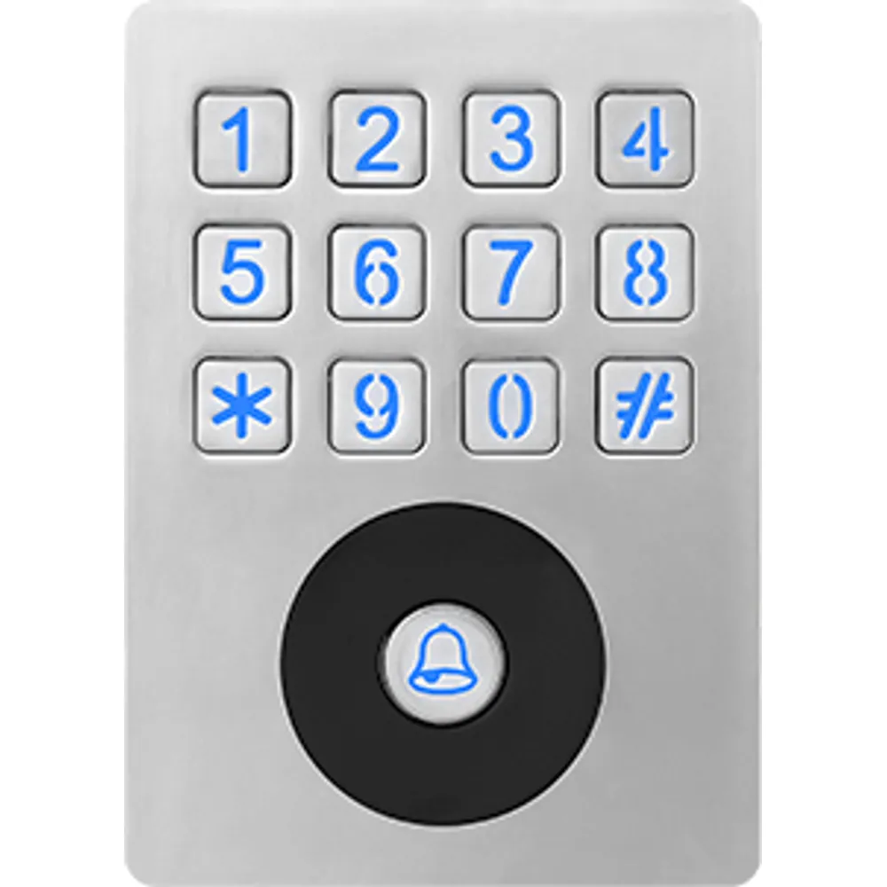 SK-140 IP67 brushed-metal access control keypad, front view with metal keys and round card area