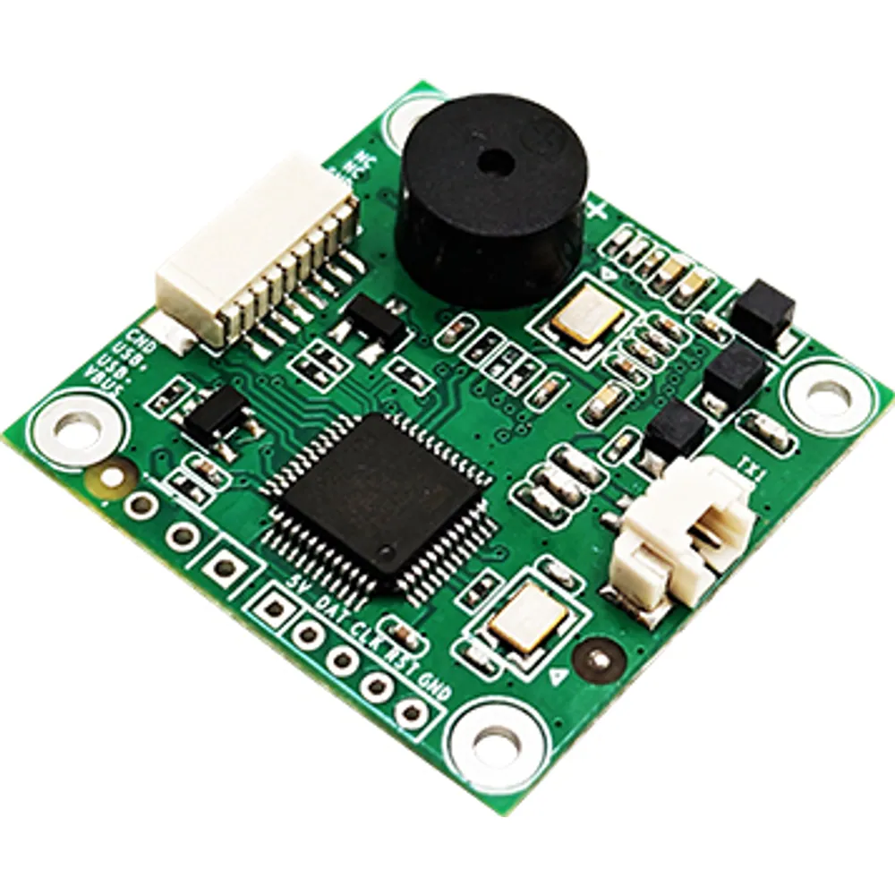 Angled view of 30 × 30 mm LEGIC USB reader module with buzzer, 8-pin connector and corner mounting holes