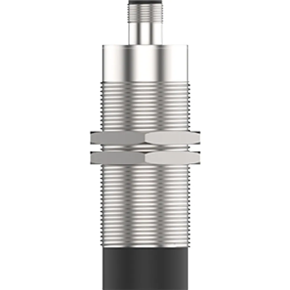 M30 threaded HF RFID read head, side view with two lock nuts, M12 connector and black sensing cap
