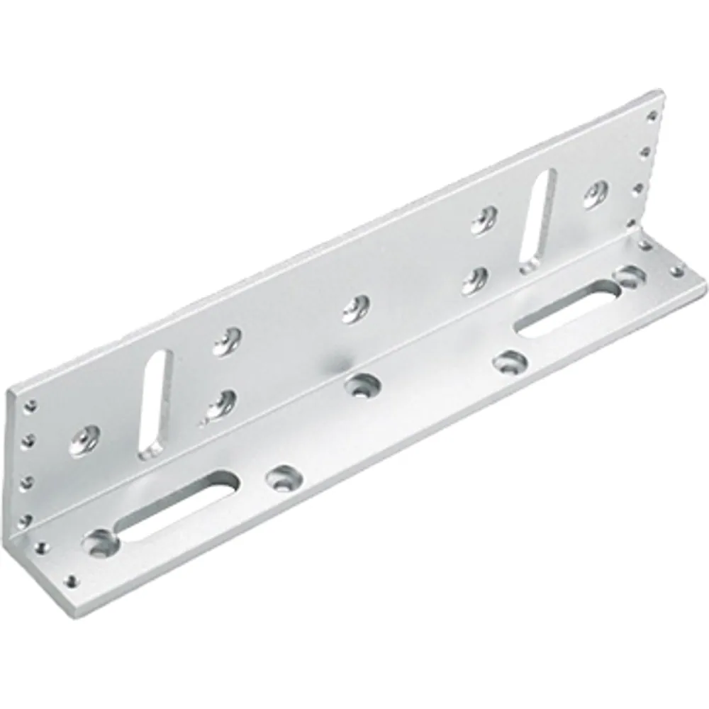 Brushed aluminum L bracket for a 280 kg magnetic lock with slotted mounting holes