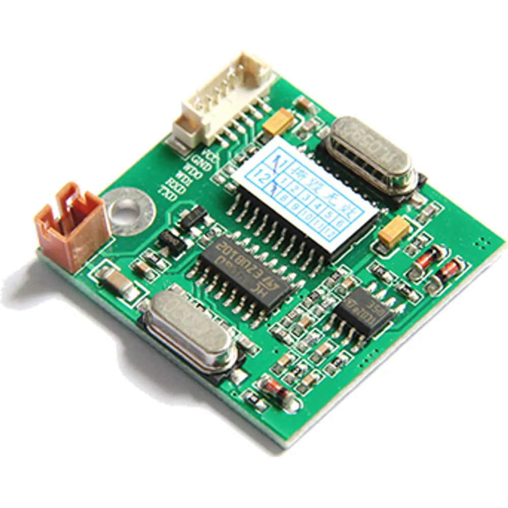 38 × 29 mm 13.56 MHz MIFARE read/write module with connector sockets and crystals, angled view