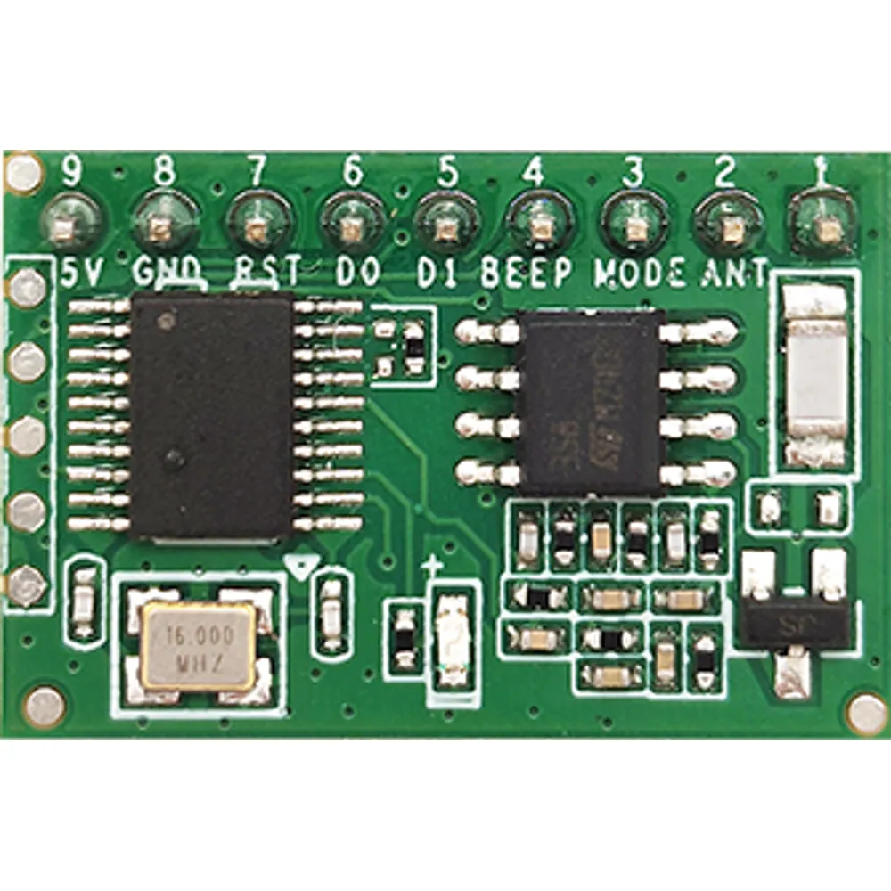 Mini 125 kHz EM RFID module board, top view, with nine-pin edge connection and crystal
