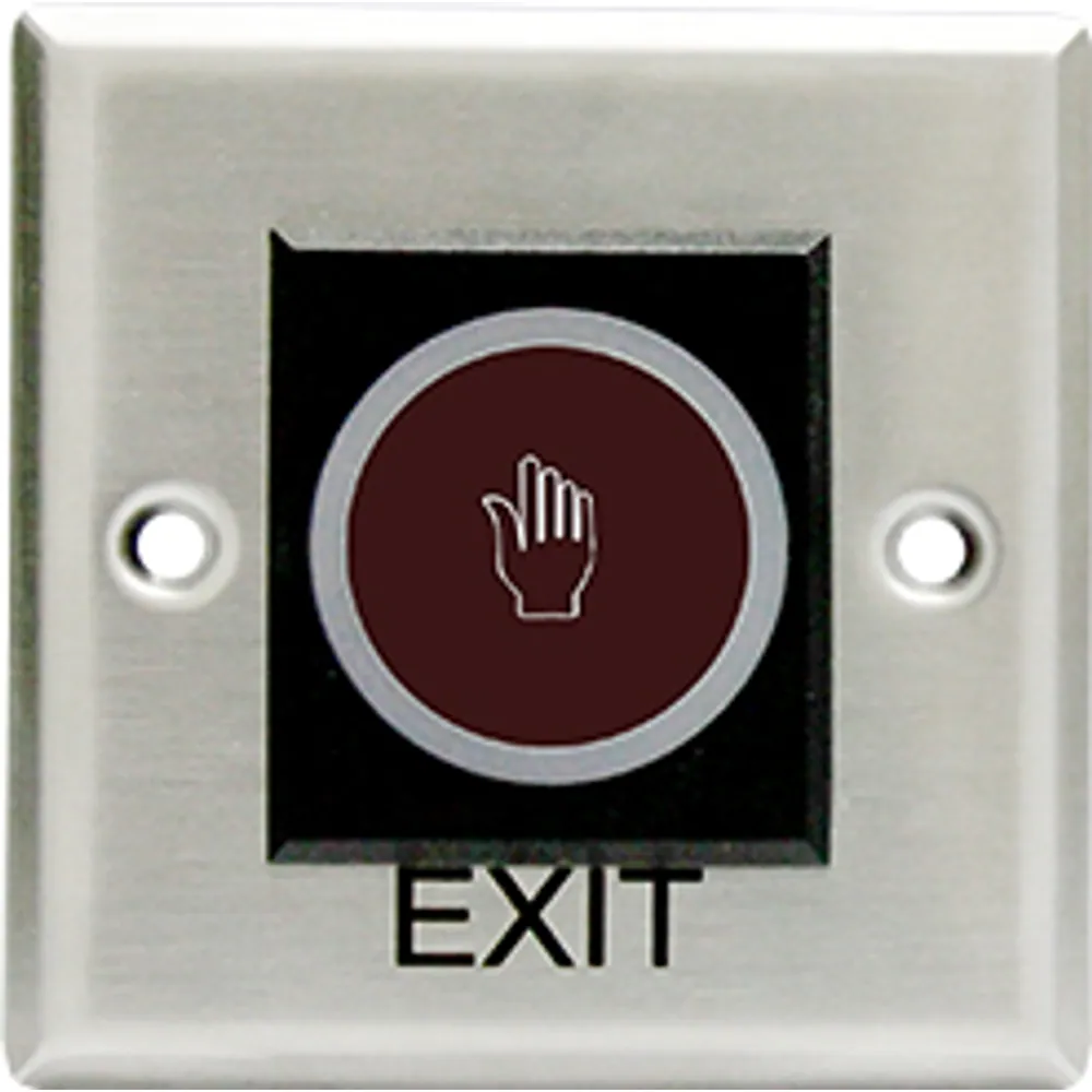 No-touch infrared exit button on square 86 mm stainless plate with handprint symbol and EXIT legend