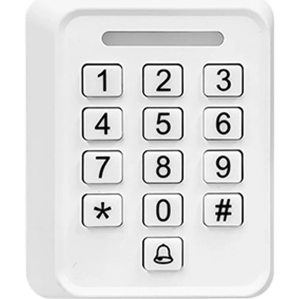 Front of white Bluetooth keypad access controller with raised keys, bell key and LED strip