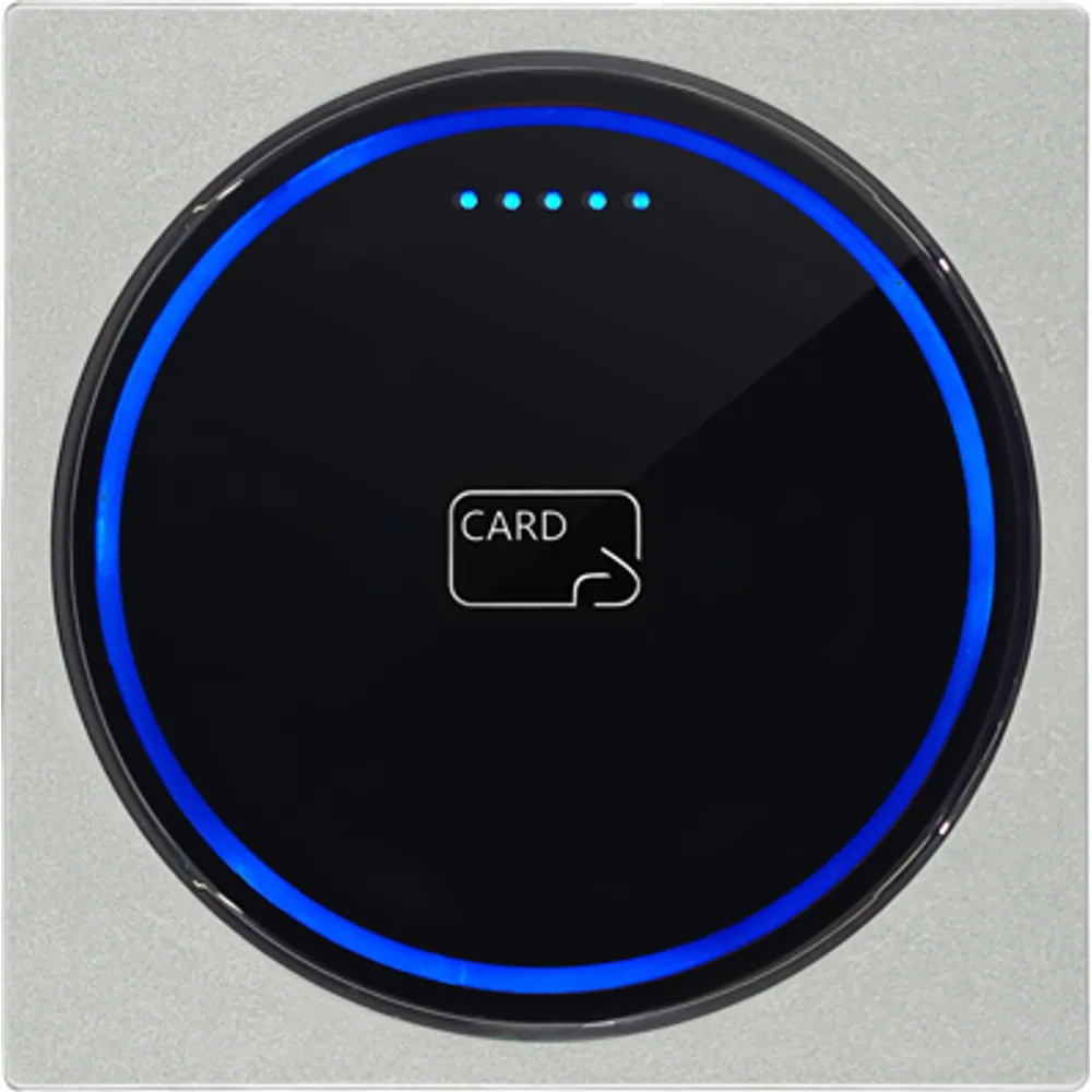 CR-300 slim metal OSDP card reader, silver frame with blue ring LED, front view