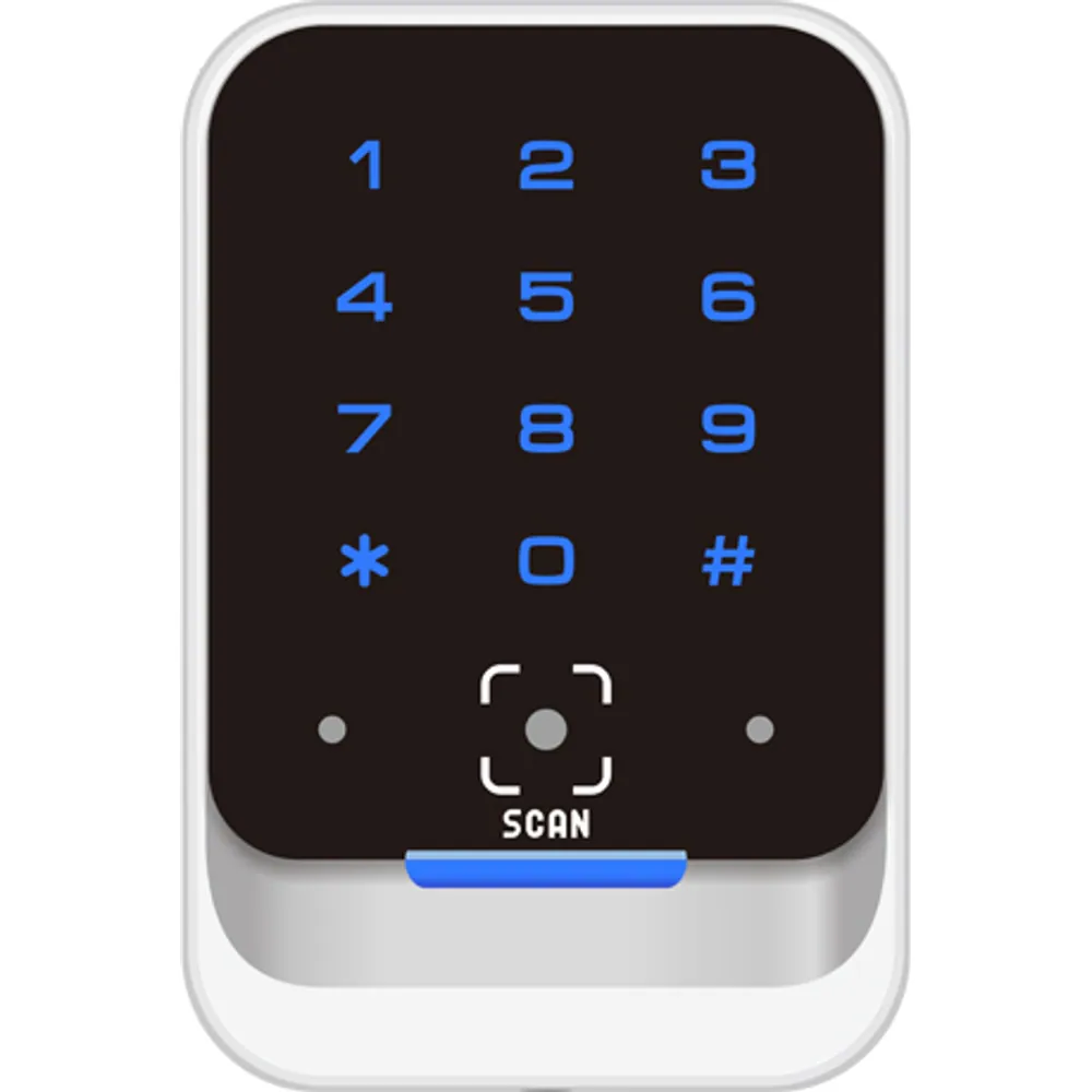 Front of QR code access controller with blue backlit touch keypad and scan window