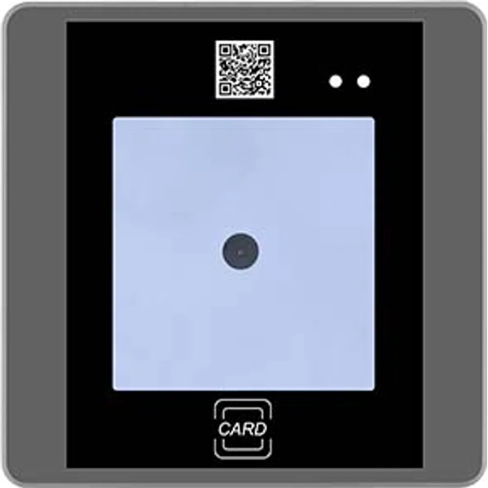 Front of square QR code access controller with gray frame, scan window and card symbol