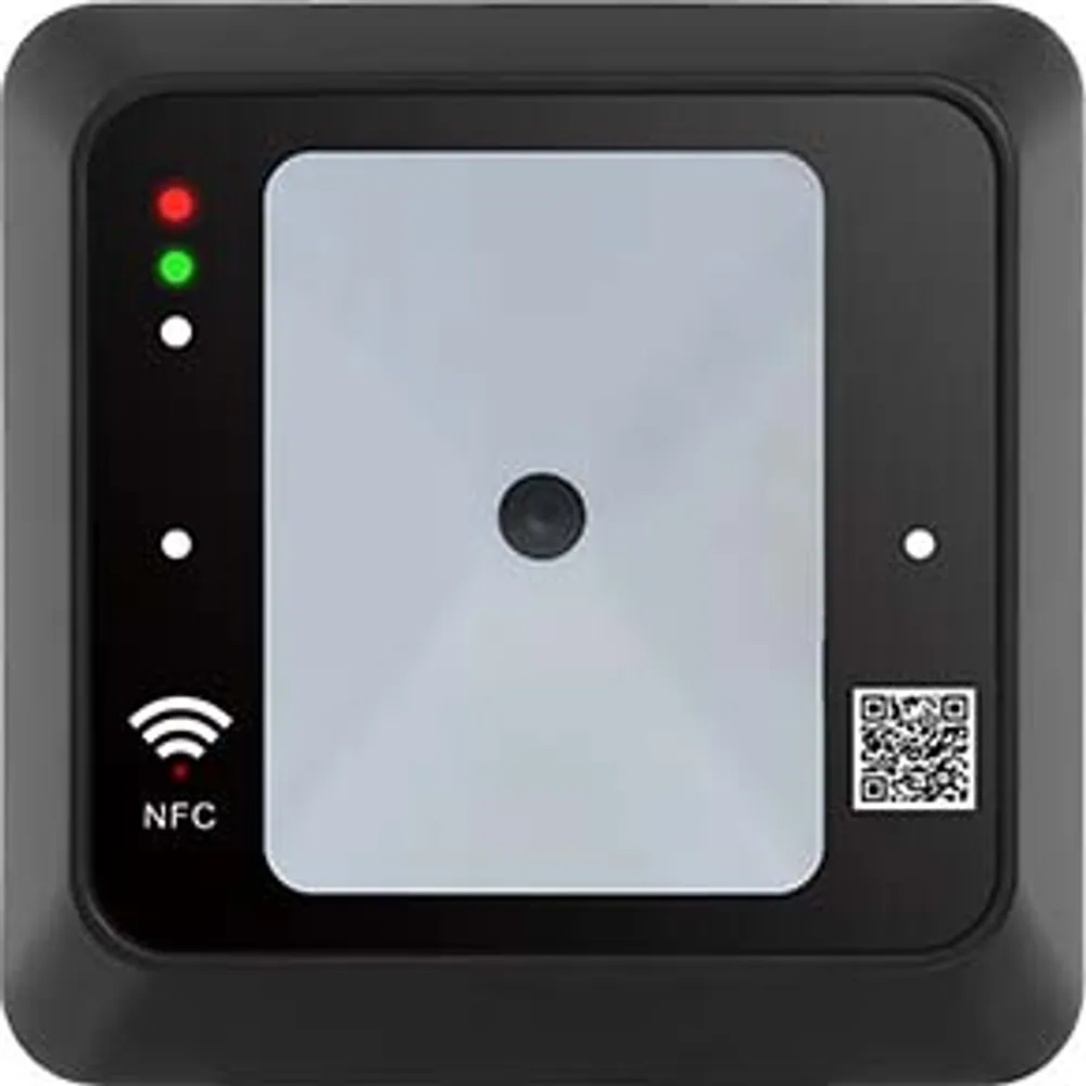 QC-160 86 × 86 mm QR code and 13.56 MHz card reader, black bezel, front view