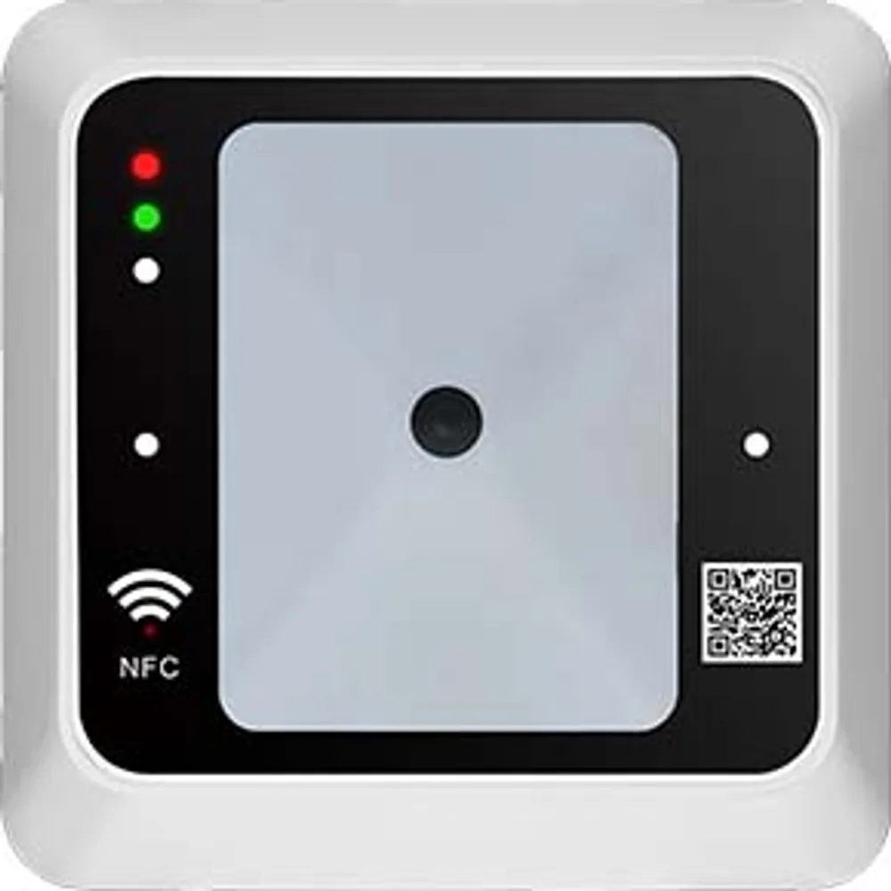 Front of square QR code and RFID access controller with scan window, status LEDs and NFC mark
