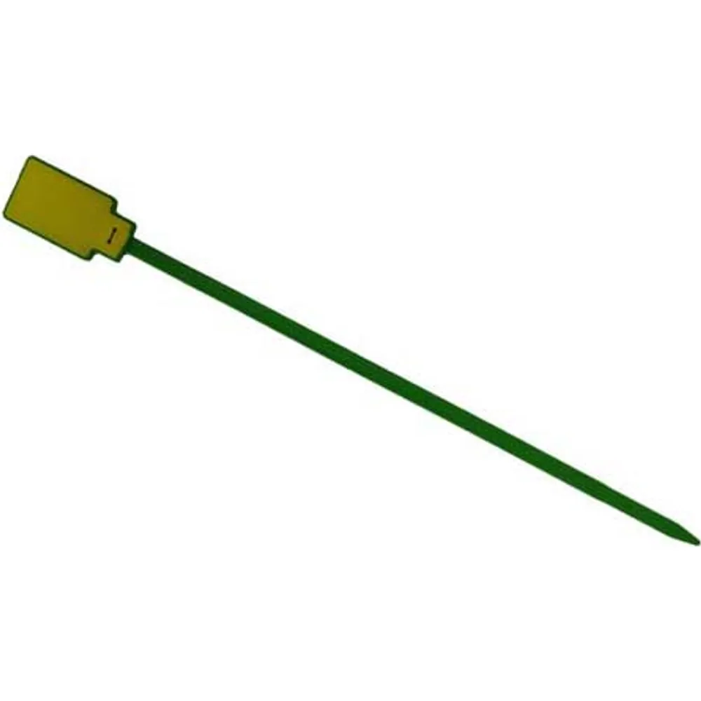 Green UHF RFID cable tie tag with a yellow flat tag head at one end of the strap