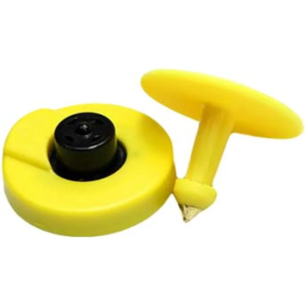 Yellow two-piece UHF RFID pig ear tag: 30 mm button with closed black socket and matching pin