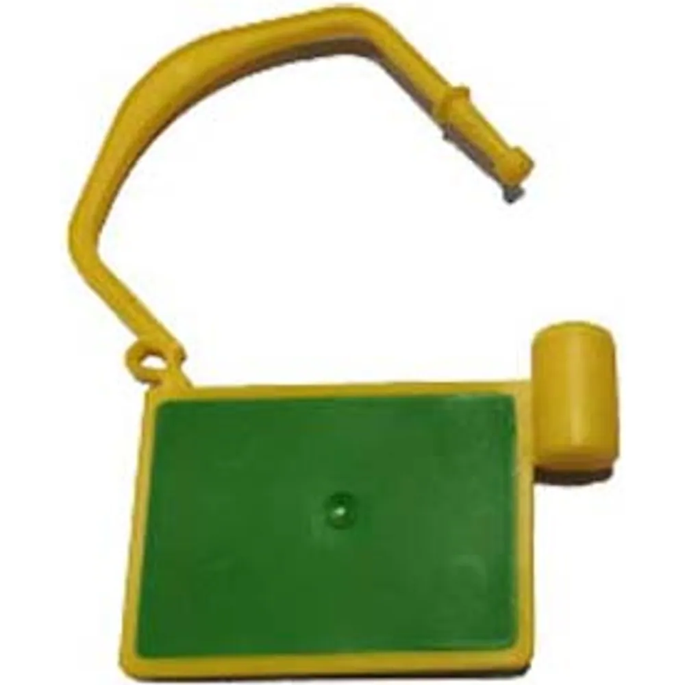 Yellow UHF RFID file lock tag with hook-shaped plastic shackle and green tag face