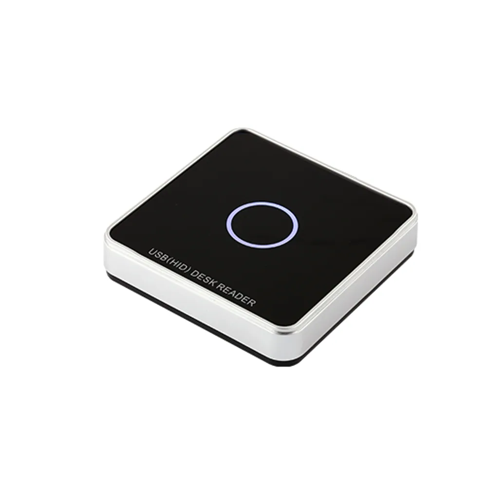 Square black and silver USB desktop UHF RFID reader/writer with ring indicator, angled view
